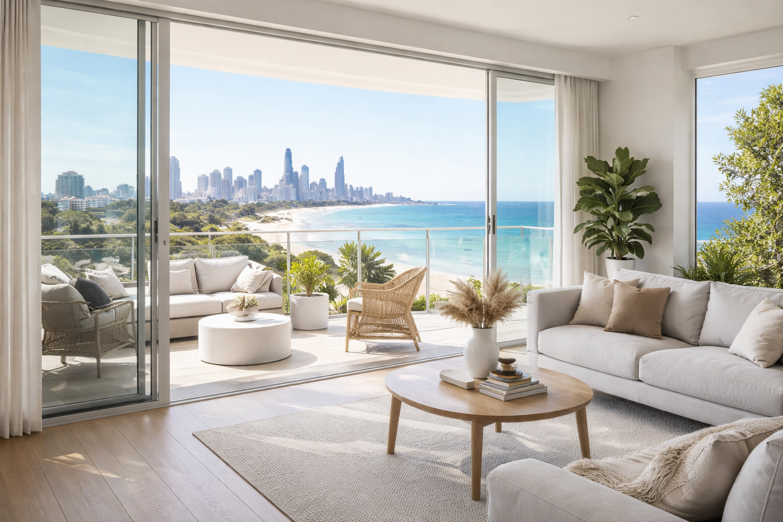 Modern coastal property interior with ocean and skyline views