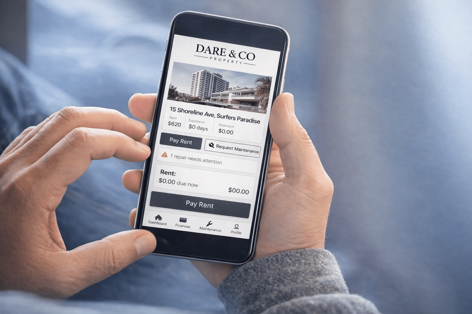 Dare & Co Property tenant portal shown on a mobile phone